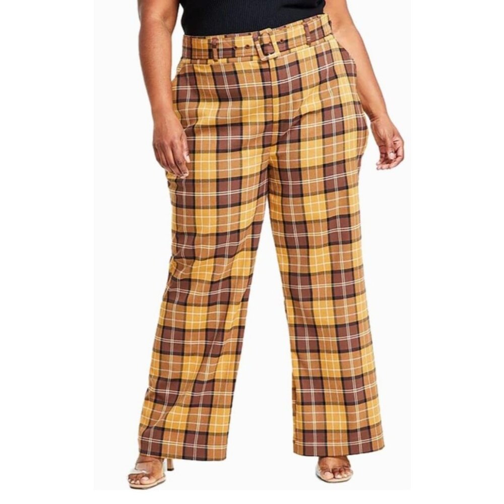 Nina Parker Brown Plaid Wide Leg Belted Pants Size 20W NWT